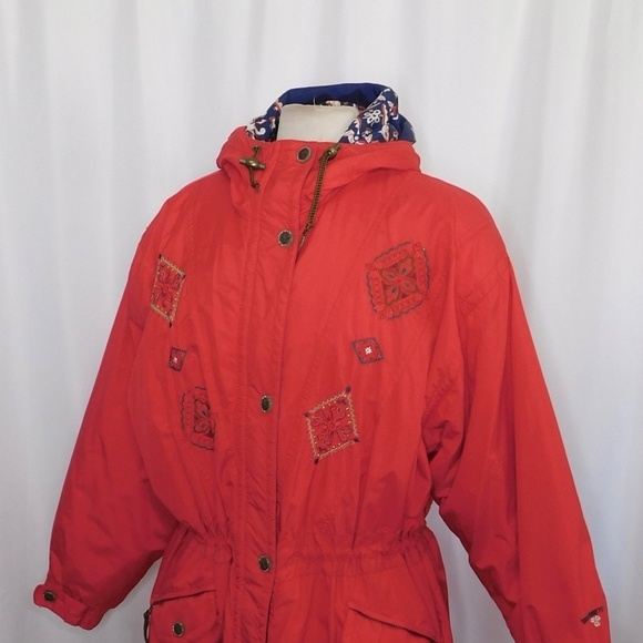 Vintage OBERMEYER Women’s Embroidered Hooded Legend Coat Jacket Red Blue Size 10 - Picture 7 of 14